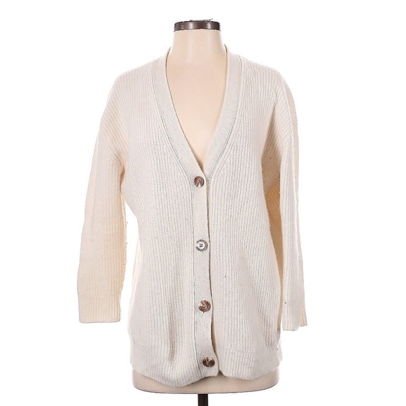 Quince 100% Cashmere Ivory Ribbed Oversized Boyfriend Cardigan - Picture 3 of 7